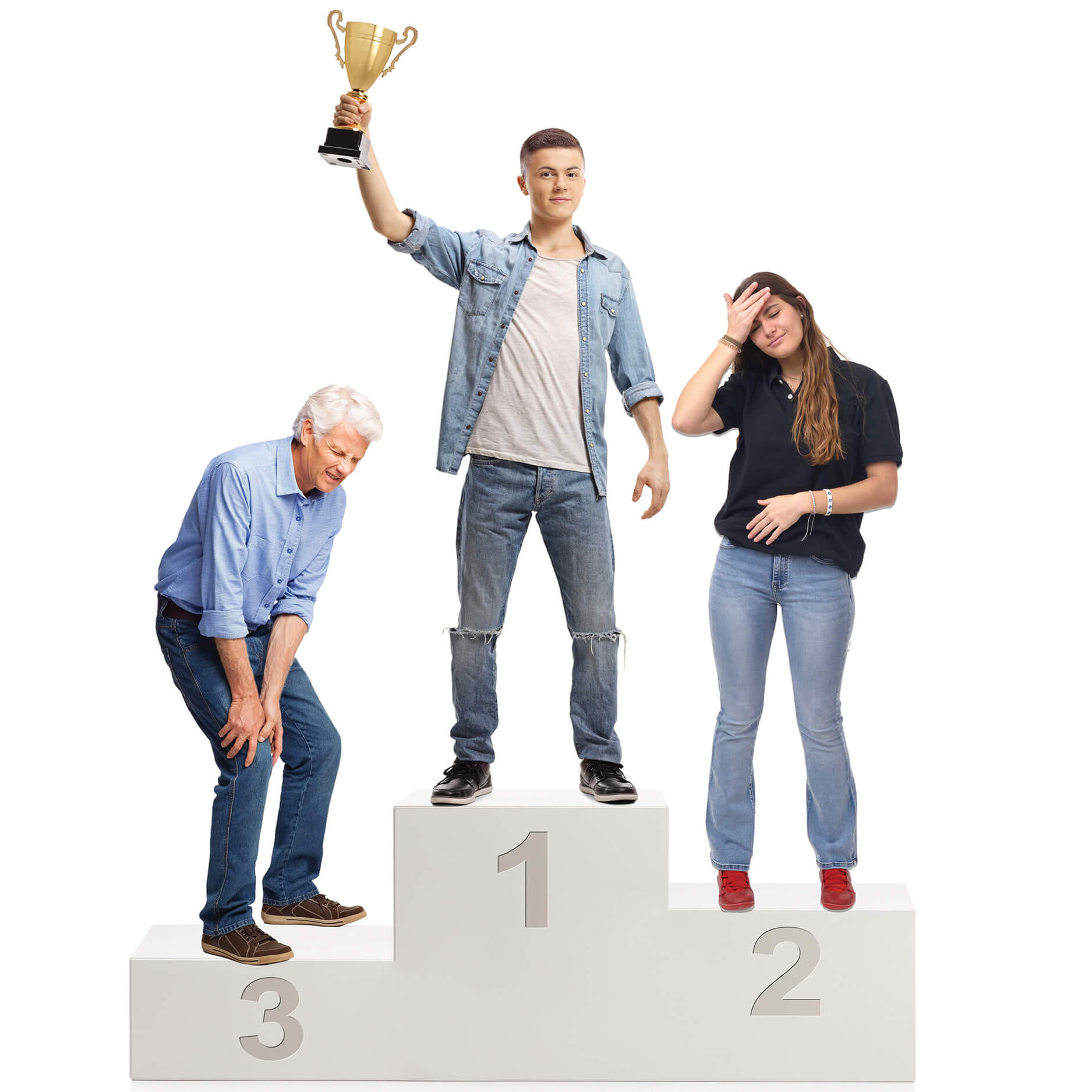 A man at the top of a podium holding a trophy and looking healthy while second and third place finishers are experiencing pain and illness for delaying care.